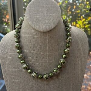 Vintage Green Bead Necklace With Ornate Silver-toned Leaf Bead Caps
